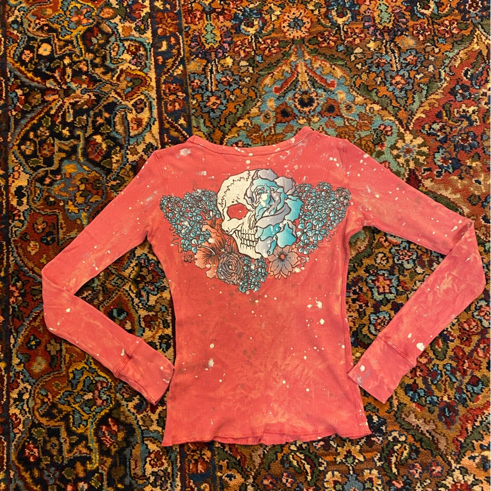 Grail Brand Paint Splattered Top With Skull And Roses on the Back